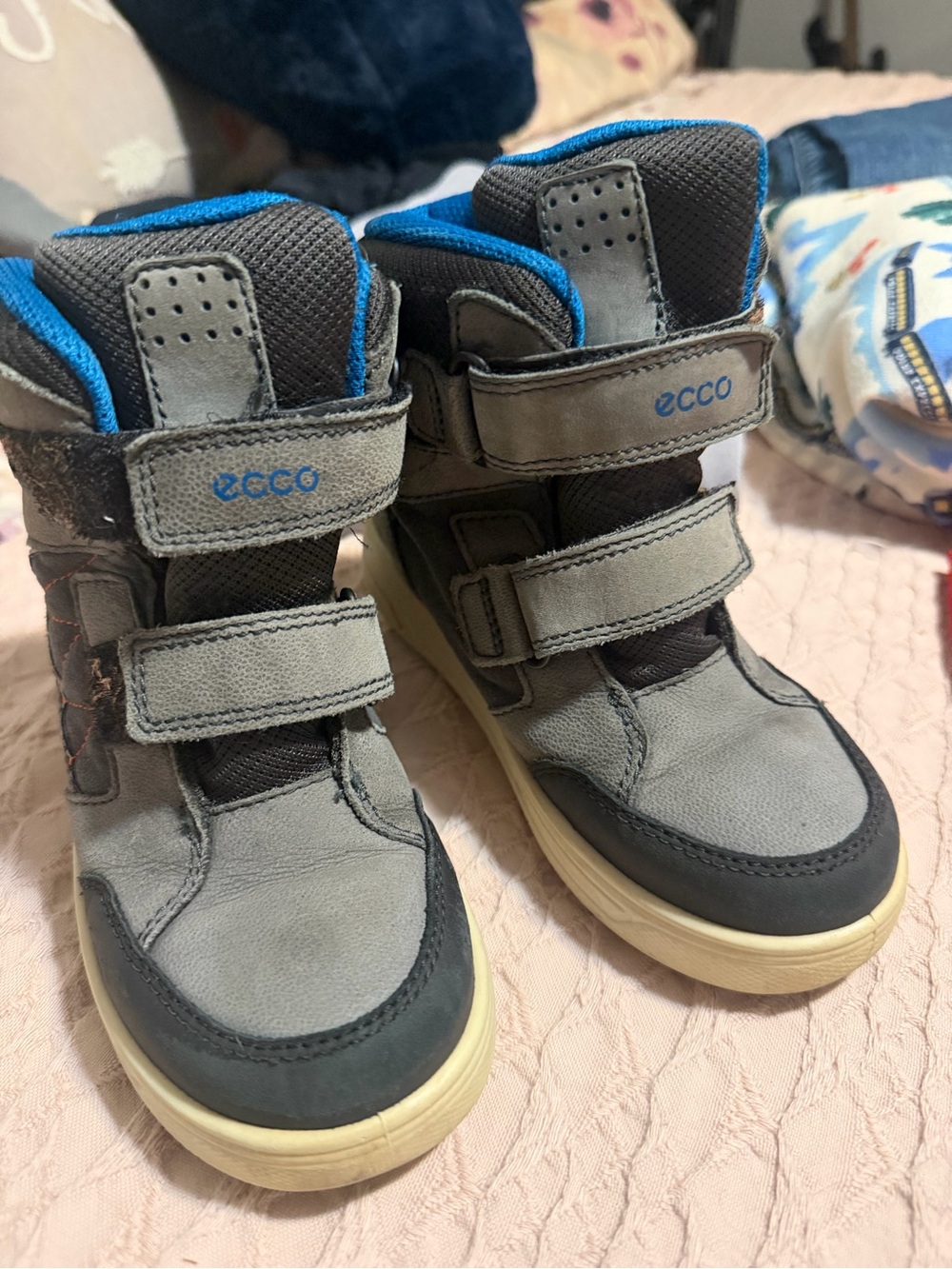 ECCO Kids Gray and Blue High-Top Velcro Boots